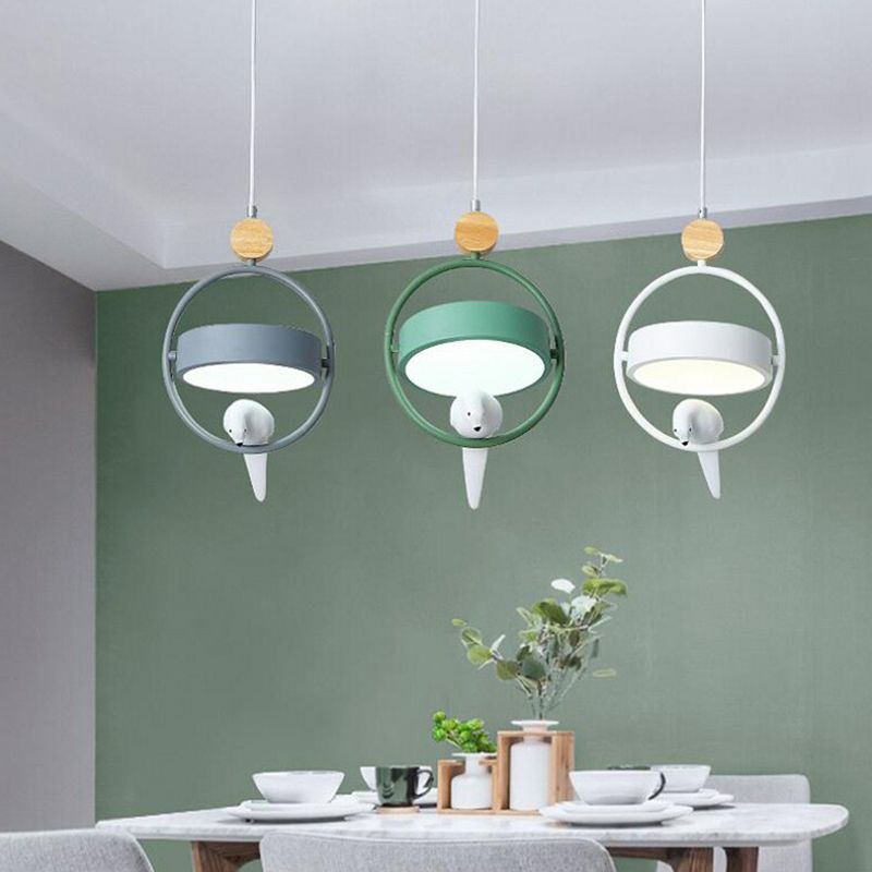 Ring Dining Room Multi Ceiling Lamp Metal 3 Bulbs Simplicity Suspension Light with Bird Decor in Gray-Green