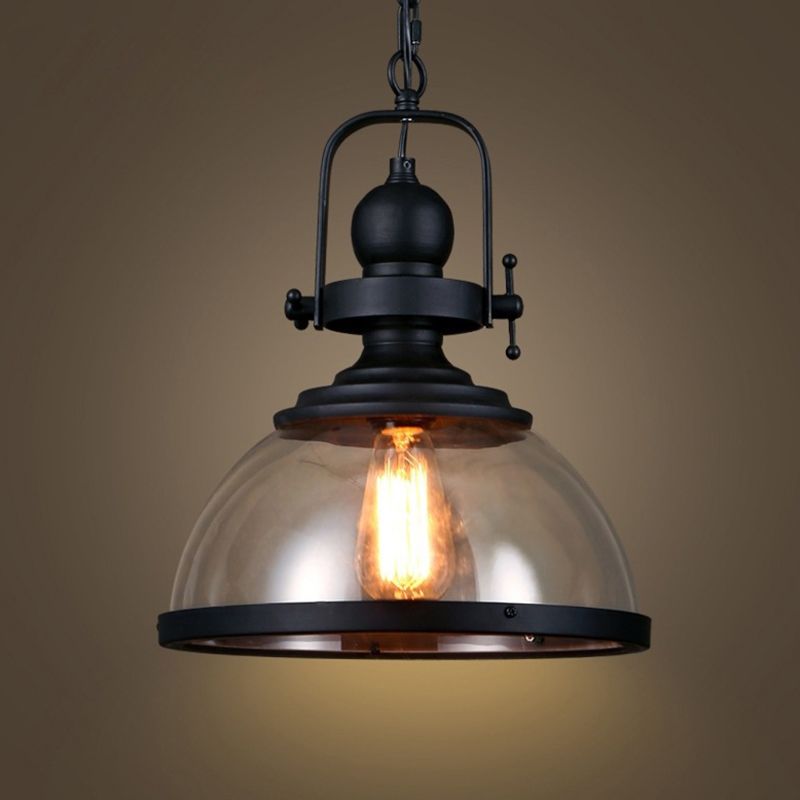 Industrial Style Pot Lid Pendant Lamp 1-Light Clear Glass Ceiling Fixture with Handle in Black