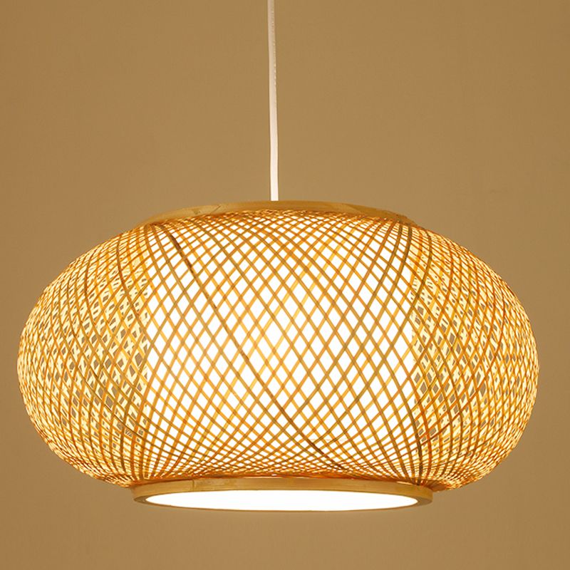 Asian Pendant Lighting Fixture 1-Light Beige Suspension Pendant Light with Rattan Shade