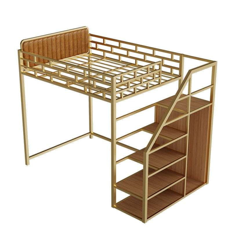 Glam Style Loft Bed in Iron with Shelves and Guardrail Storage Bed