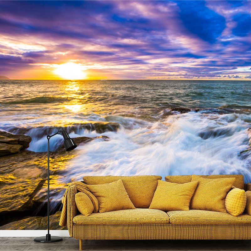 Waterproof Nightfall Sea Surge Mural Tropical Non-Woven Fabric Wall Art, Custom Print