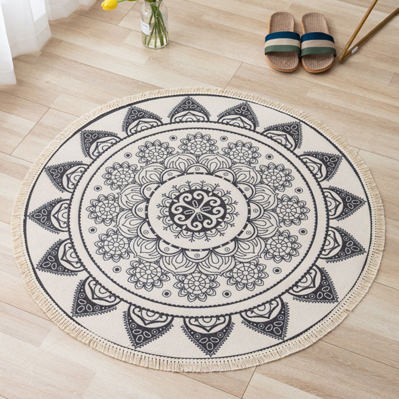 Gorgeous Floral Print Rug Moroccan Round Cotton Blend Area Rug Friendly Washable Carpet with Fringe for Living Room