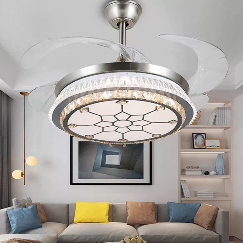 Silver Layered 4 Blades Semi-Flush Mount Modernism LED Crystal Pendant Fan Light Fixture, 19" Wide