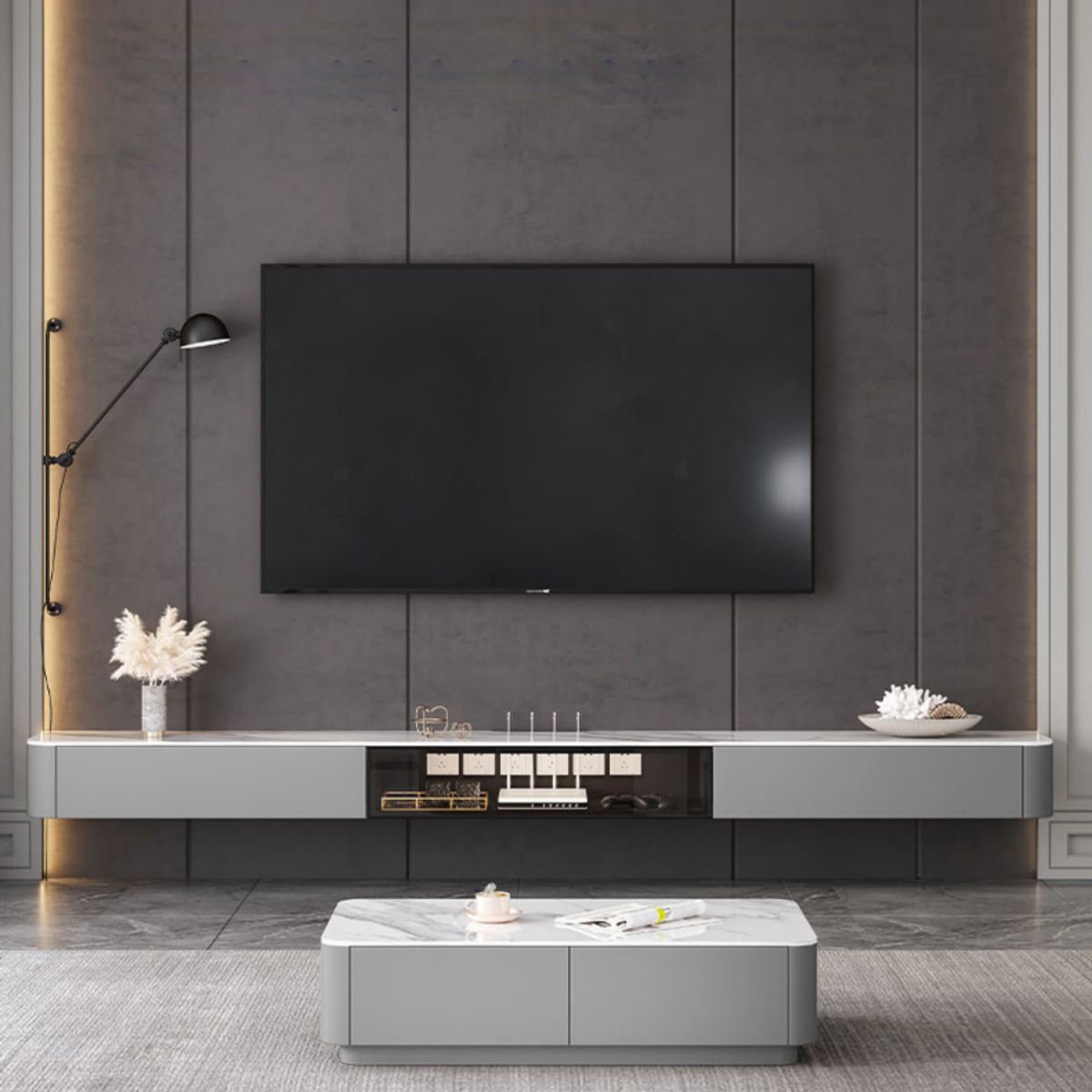 Enclosed Storage TV Media Console Stone Media Console with Drawers