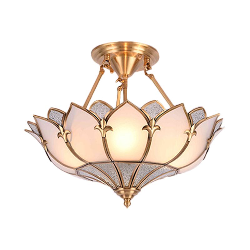 4/6/8 Heads Metal Semi Flush Light Traditionalist Brass Lotus Living Room Ceiling Mount Chandelier, 18"/25"/31.5" W