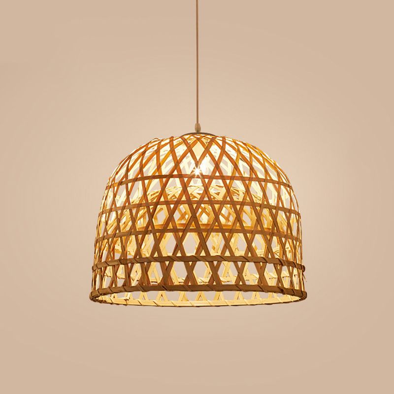 Handwoven Dome Pendant Light Fixture Chinese Bamboo 1 Light Dining Table Ceiling Light in Beige