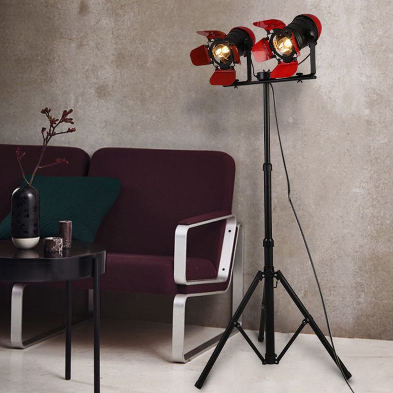 2 Light Floor Lamp Retro Industrial Tripod Design Metallic Standing Floor Light in Red for Studio