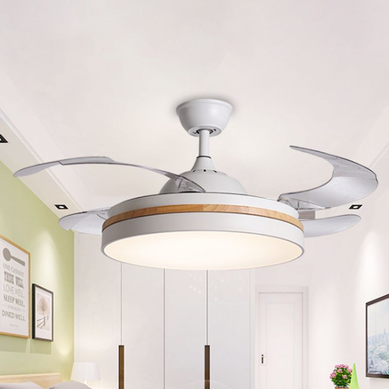 Simplicity Round Fan Lamp LED Metal Semi Flush Ceiling Light in White with 3 Clear Blades, 36"/42" Wide