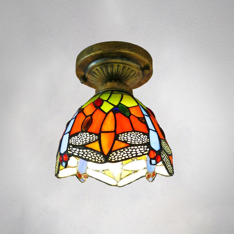 Enkele Semi Flush Tiffany Style Bowl Shade Geverfde Kunst Glas Flush Plafond Light Fixture