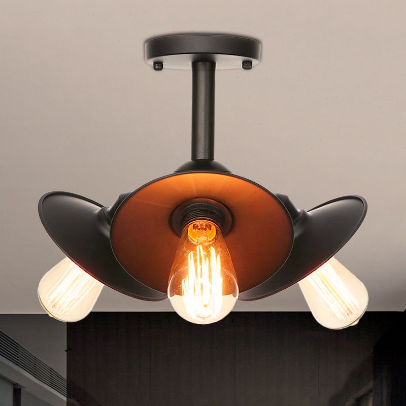 3 Heads Indoor Semi Flush Ceiling Light Vintage Style Black Ceiling Flush Mount with Cone/Saucer Metallic Shade