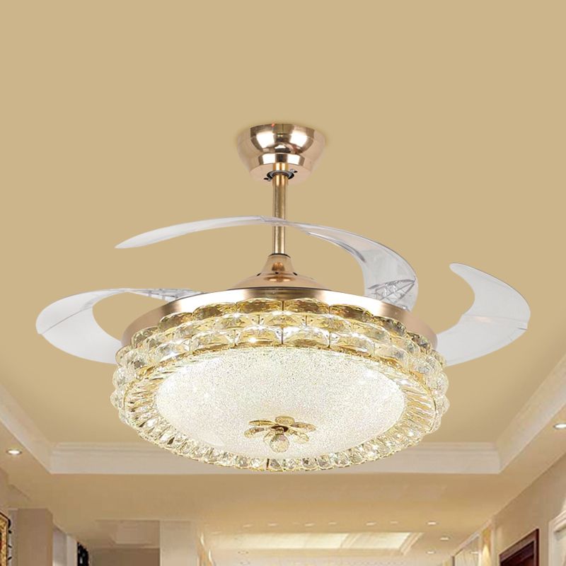 19" W Minimalist LED Ceiling Fan Lamp Gold Circular Semi Flush Light with Cut Crystal Shade, 4 Blades