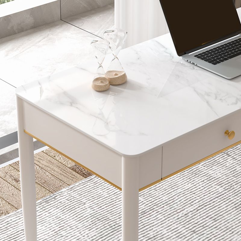 Contemporary Stone Writing Desk Parsons Base White Office Desk with Drawer