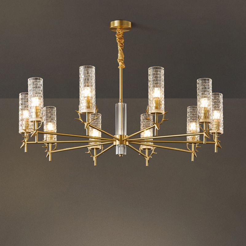 Gold Radial Pendant Light Mid-Century Cylindrical Clear Glass Suspension Light for Living Room