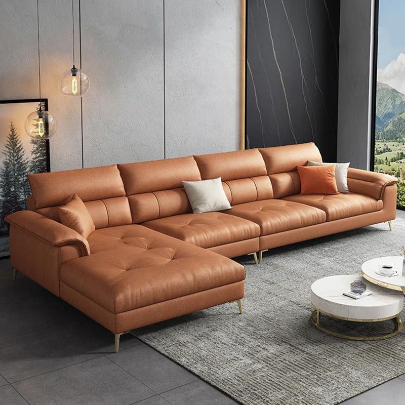 137.8" W x 70.87" D x 35.43" H Faux Leather Sofa & Chaise Modern Sewn Pillow Back Sofa