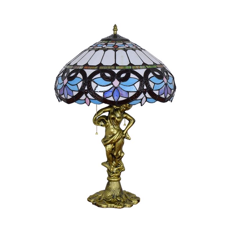 2 Heads Pull Chain Night Light Mediterranean Cone/Dome Beige/Blue-Brown Glass Table Lighting with Bronze Maid Base