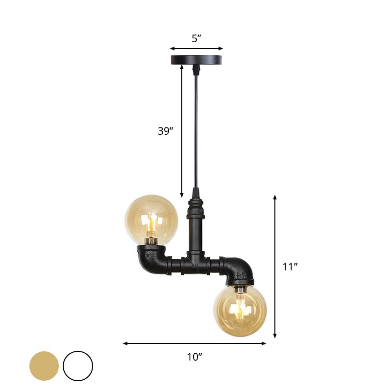 2 Lights Hanging Light Kit Industrial Restaurant LED Pendant Chandelier with Global Amber/Clear Glass Shade