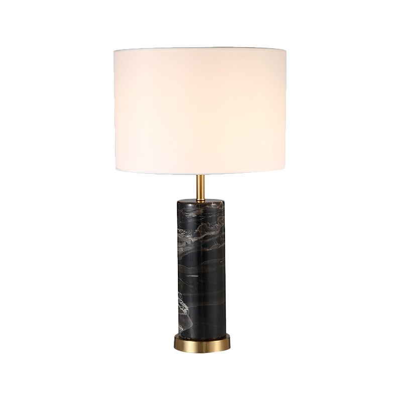 White Cylinder Task Light Nordic 1 Bulb Fabric Night Table Lamp with Black Marble Base