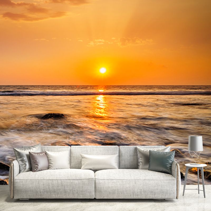 Yellow Evening Sun Wallpaper Mural Seashore View Modern Waterproof Wall Art for Home