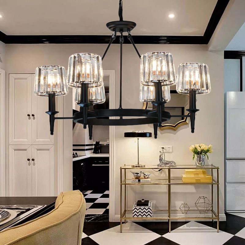 Circle Chandelier Lamp Contemporary Crystal 6/8 Bulbs Black Hanging Pendant Light for Living Room