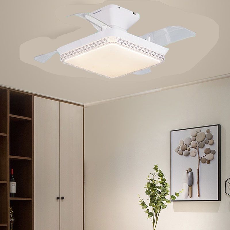 Minimalist Square LED Ceiling Fan Lamp Dining Room Semi Flush Light Fixture in White