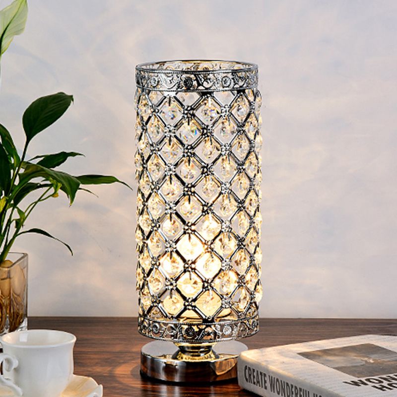 Crystal Polished Silver Table Lamp Trellis Cylindrical Single Bulb Modern Stylish Nightstand Light