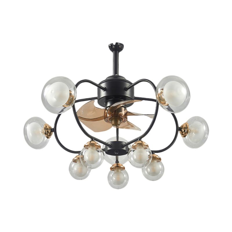 25.5 "W Modernism Ball Semi Flush Clear Glass 10 Bollen Parlor Frame Ventilator Licht in Zwart, 4 Blades