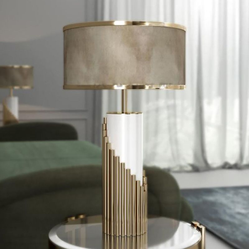 1 Head Living Room Desk Light Modern Gold Table Lamp with Cylindrical Fabric Shade