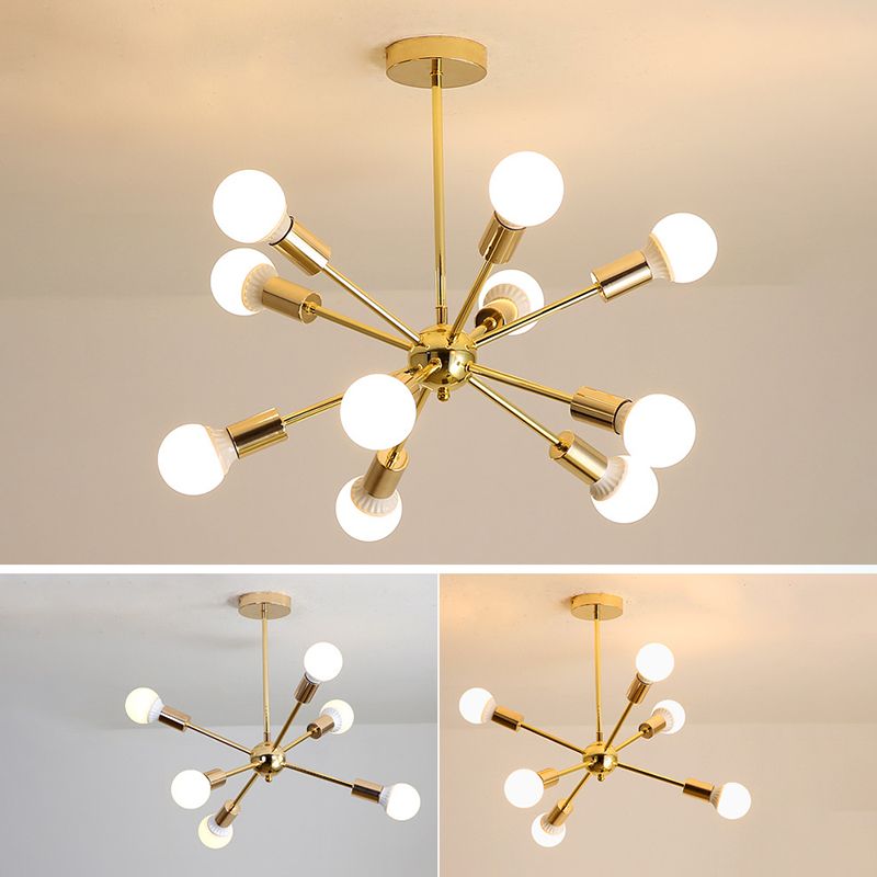 Electroplated Gold Burst Shaped Chandelier Industrial Style Open Bulbs Molecular Hanging Light for Dining Room