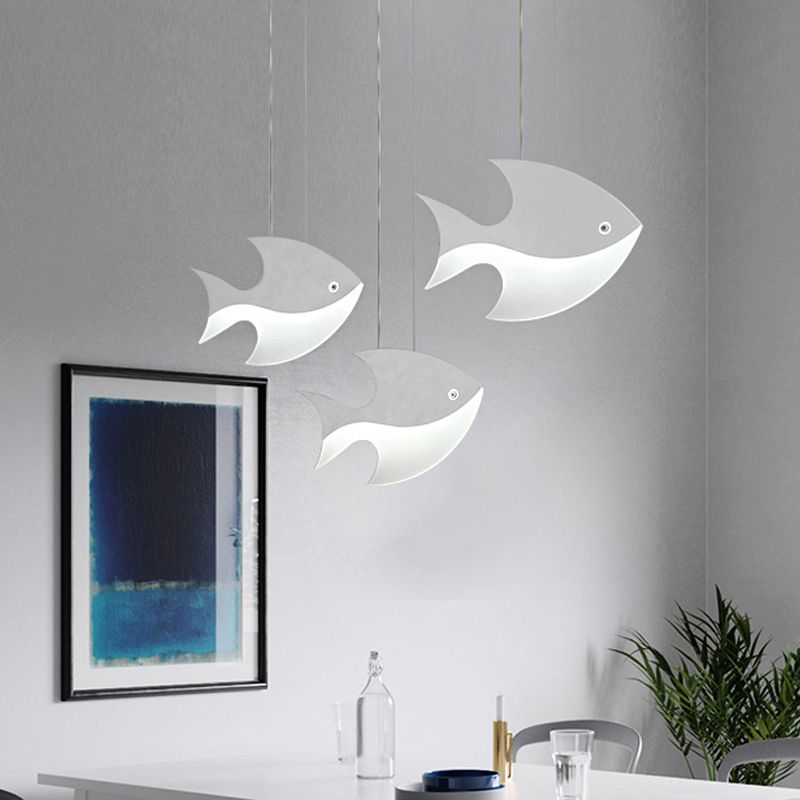 Metal Pendant Light White, Linear Hanging Fixture with Cord And Fish Design for Kids Bedroom Modern Style