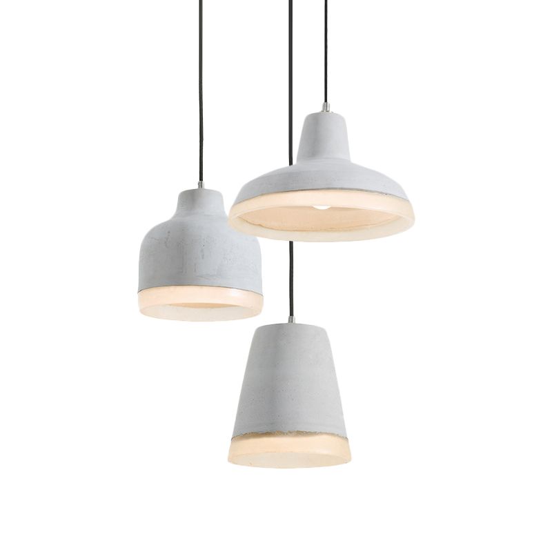 3 Bulbs Multiple Hanging Light Vintage Geometry Cement Pendant Lamp in Grey with Linear/Round Canopy