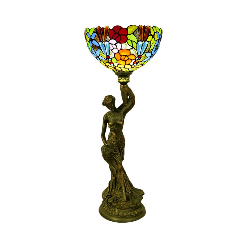 Table de bol Éclairage 1 tête en vitrail Petal baroque / libellule lampe de nuit à motifs en laiton avec résine Naked Woman Base