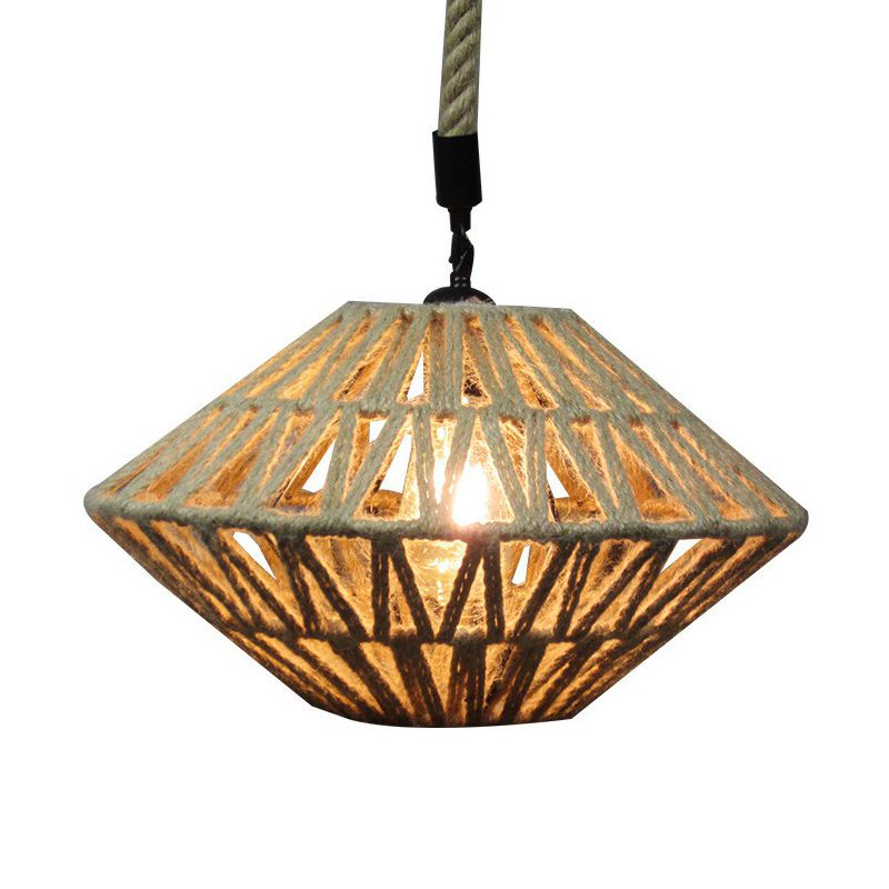 1 Light Flying Saucer Hollowed Pendant Rustic Brown Jute Rope Ceiling Suspension Lamp