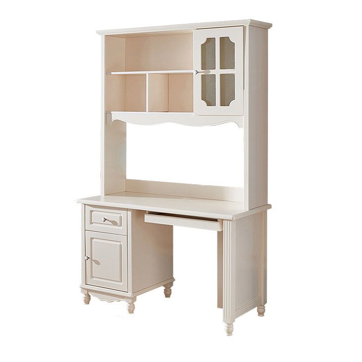 Contemporary White Solid Wood Writing Desk with Kids Hutch and Bookshelf