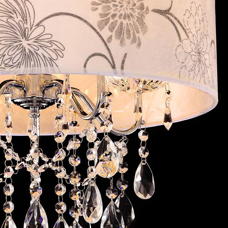 Printing Fabric Shade Pendant Light Crystal Vintage 5 Lights Ceiling Chandelier with Flower Pattern in Chrome