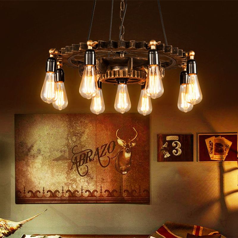 9 Lights Gear Design Ceiling Fixture Antique Style Dark Rust Metal Pendant Ceiling Light for Living Room