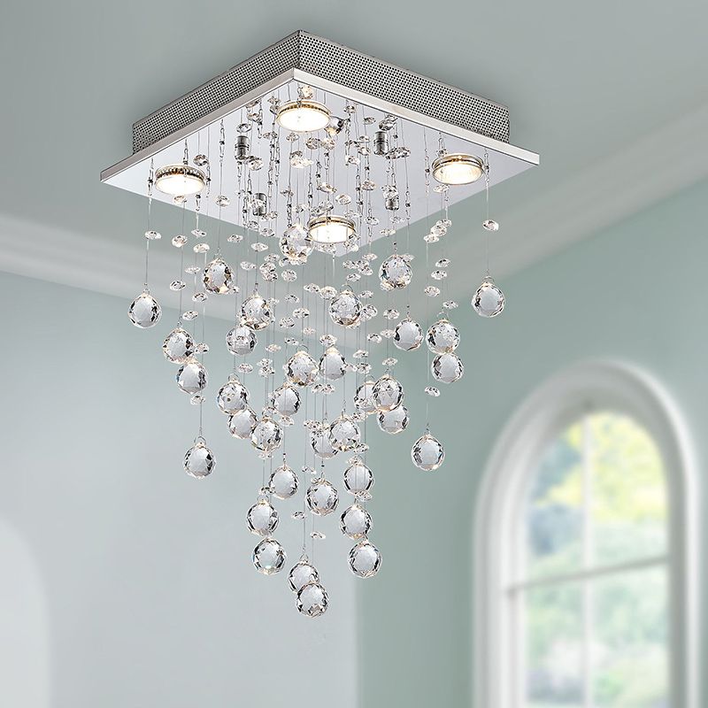 Plafonnier LED carré en acier inoxydable de 12 pouces de large avec gouttes de boule de cristal, lampe encastrée de Style moderne à 4 lumières