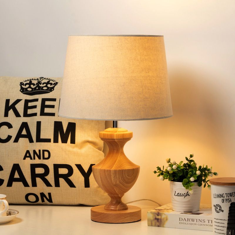 Urn Shape Nightstand Lamp Modern Wood 1 Bulb Reading Light in Beige with Fabric Shade