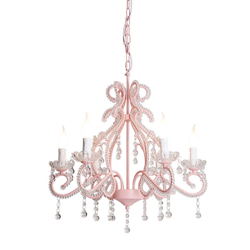 Crystal Beaded Pink Chandelier Lamp Candlestick 6 Lights Modern Pendant Light Fixture