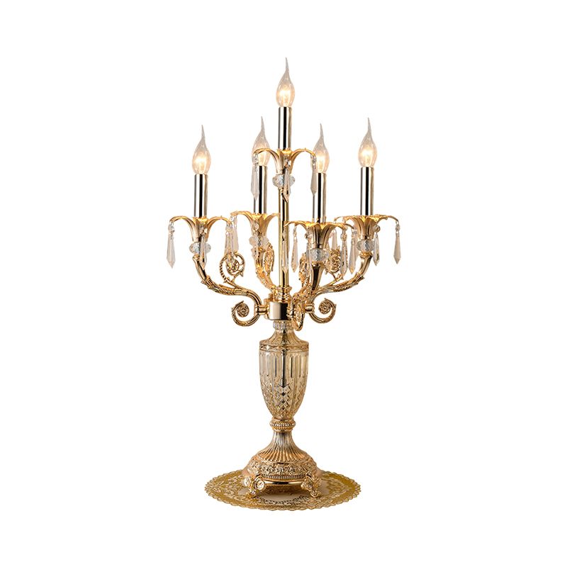 5 Bulbs Crystal Spears Table Light Traditional Gold Candlestick Parlor Nightstand Lamp with/without Fabric Bell Shade