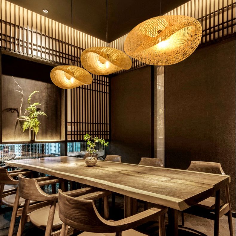 Bamboo Hat-Shaped Pendant Lighting Fixture Asia Style Ceiling Pendant Light in Beige