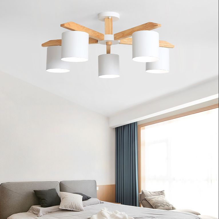 Contemporary Simplicity Solid Wood Ceiling Light Metal Cylindrical Shade Semi Flush Mount Lamp for Living Room