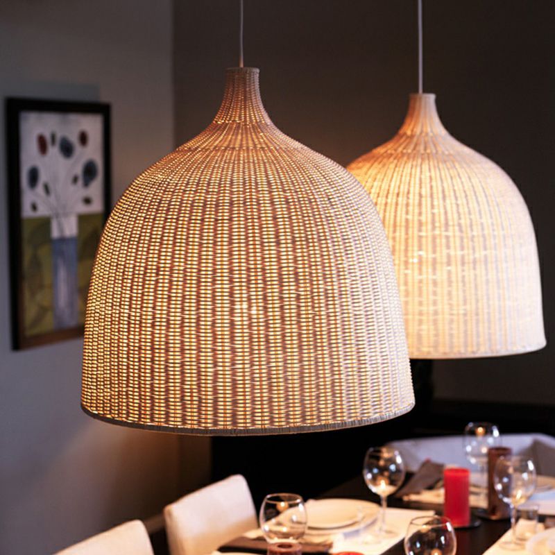 Asian Style Cloche Shaped Pendant Bamboo 1-Light Dining Room Hanging Light Fixture