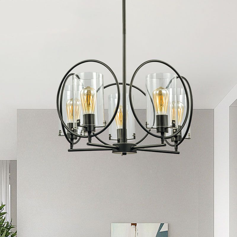 Cylinder Parlor Suspension Pendant Farmhouse Clear Glass 5 Lights Black Chandelier with Hoop Design