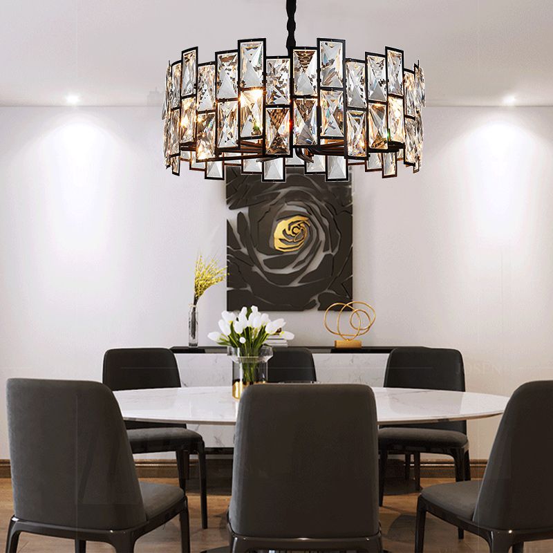 Livre à 6 légers Chandelier Pendant le pendentif noir moderne avec ombre de cristal de tambour