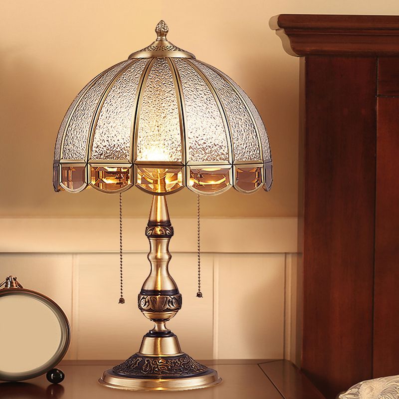 Hemispherical Bedroom Table Light Antique Textured Glass 1-Light Bronze Nightstand Lamp with Pull Switch