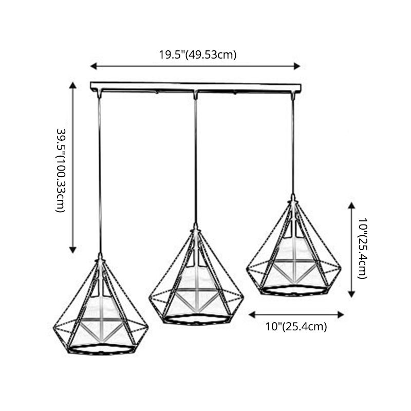 3 lumières Diamond Cage Pendant Industrial Fir Plafond Pendant avec cordon suspendu pour barre