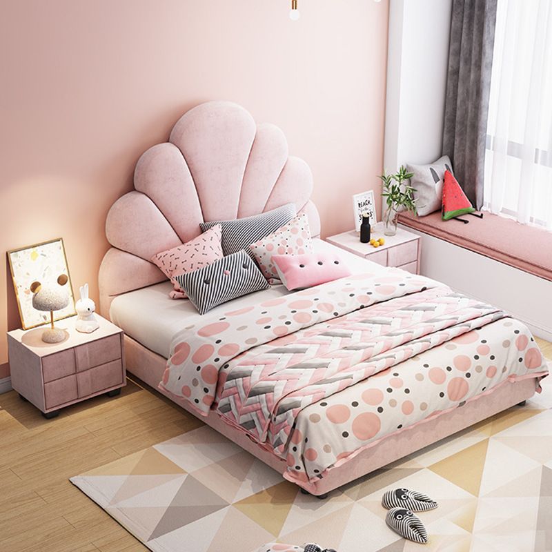 Contemporary Pink Bed with Upholstered and Panel Headboard in Pine Wood