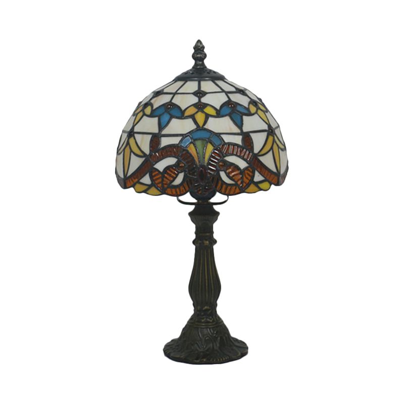 1 Bulb Table Lighting Tiffany Bowl Shaped Stained Art Glass Night Lamp in Yellow/Blue with Baluster