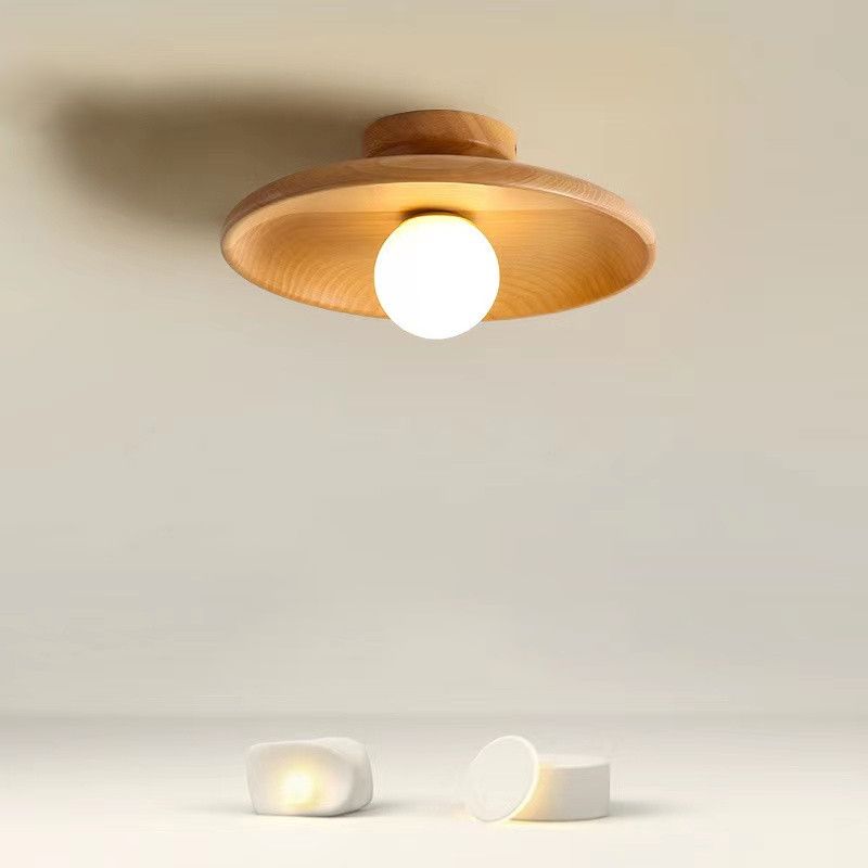 Wood Dome Shape Flush Ceiling Light Modern Style 1 Light Flush Mount Light Fixture