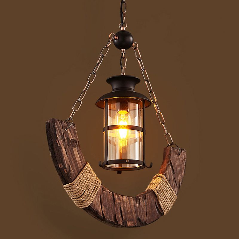 Wooden Distressed Wood Pendant Lighting Fixture Moon-Shape Industrial Pendant Light Kit